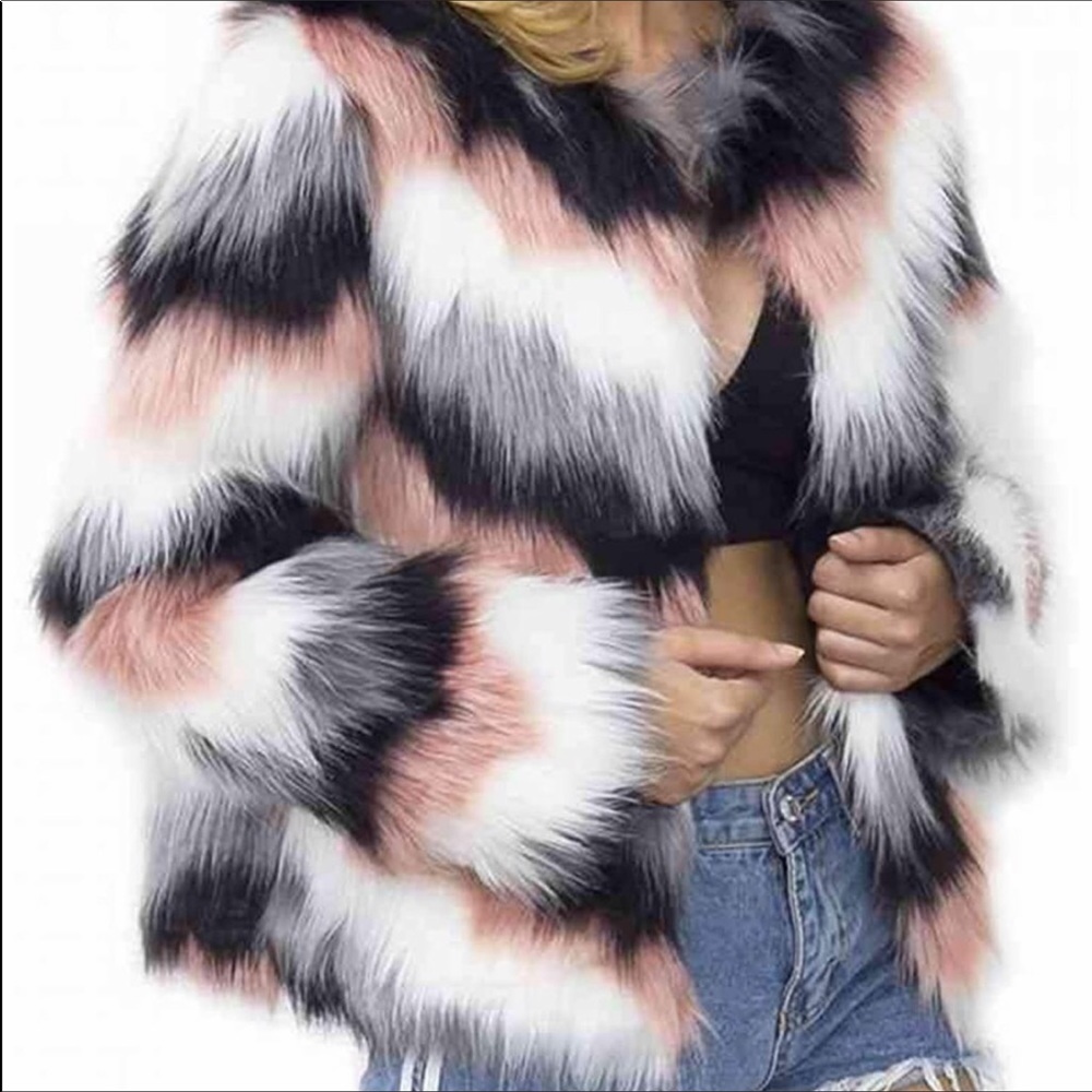 SOLD Long Sleeve Faux Fur Jacket with multi colors Lrg